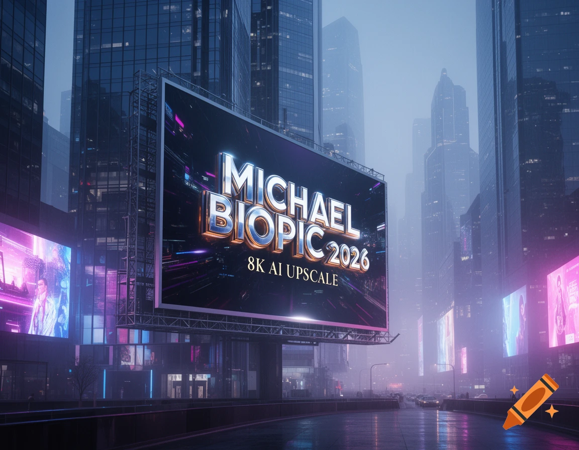 A futuristic cityscape at dusk with neon-lit skyscrapers and a large billboard displaying "Michael Biopic 2026 - 8K AI Upscale" over a wet road.