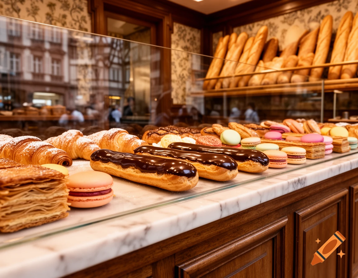 A close-up of a patisserie counter displaying croissants, chocolate eclairs, colorful macarons, and baguettes in a photorealistic style.