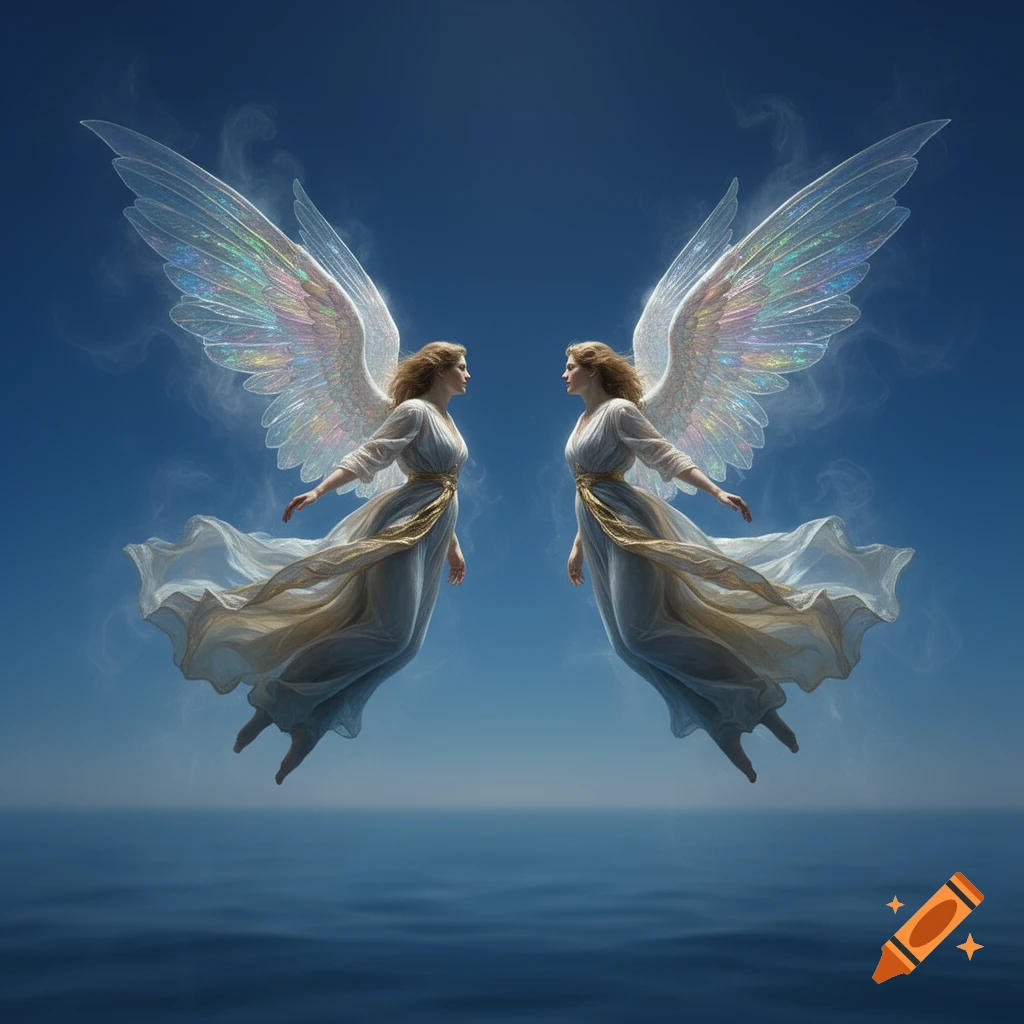 Two female angels with iridescent wings and flowing robes float in a blue sky above calm water, facing each other.