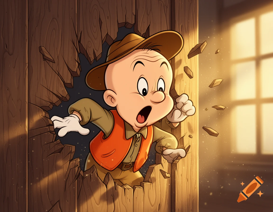 Cartoon Elmer Fudd, in a hat and vest, bursts through a wooden door with a surprised expression as wood shatters.