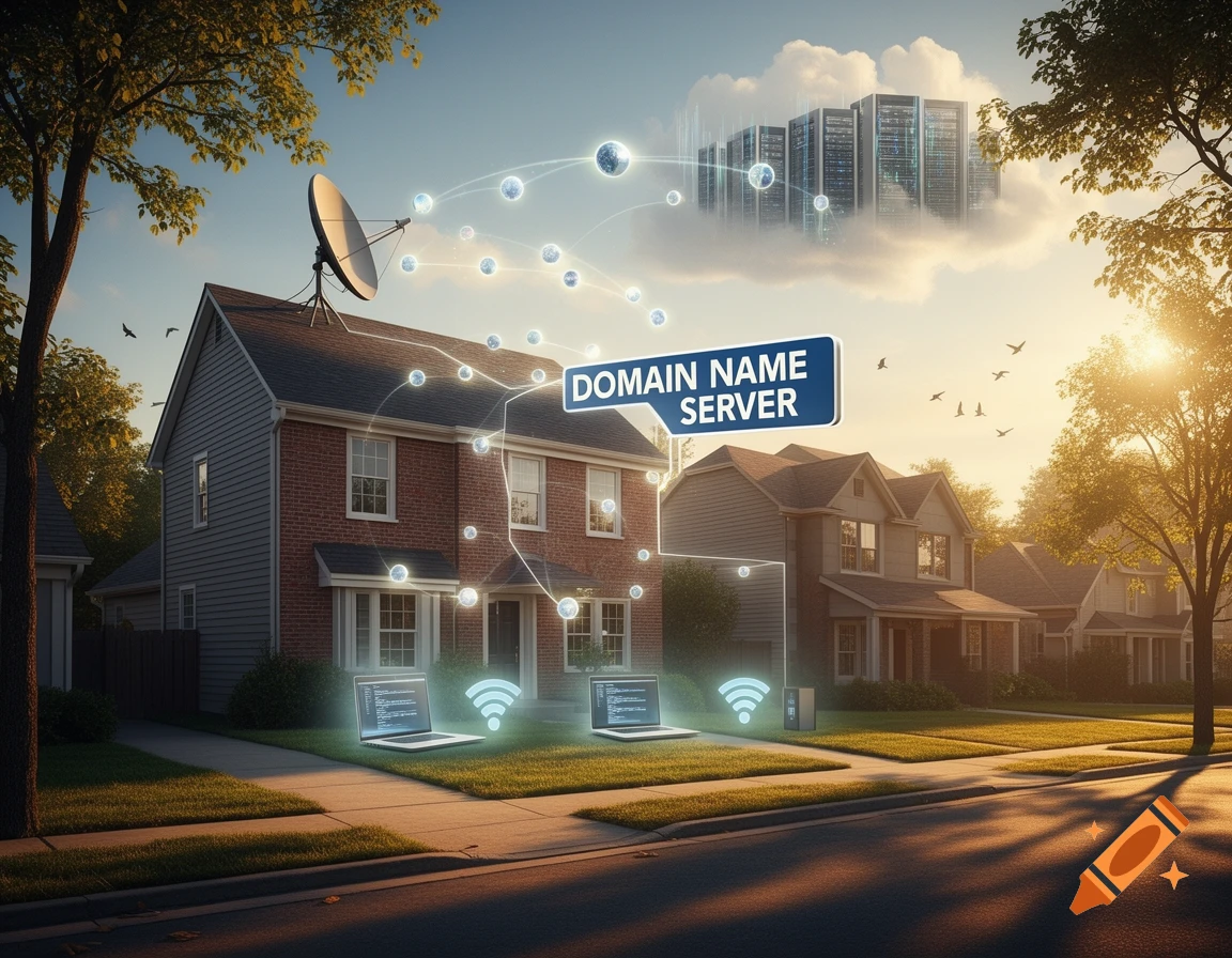 Suburban street with houses, glowing laptops, satellite dish, and 'DOMAIN NAME SERVER' banner connected to cloud servers, illustrating internet.