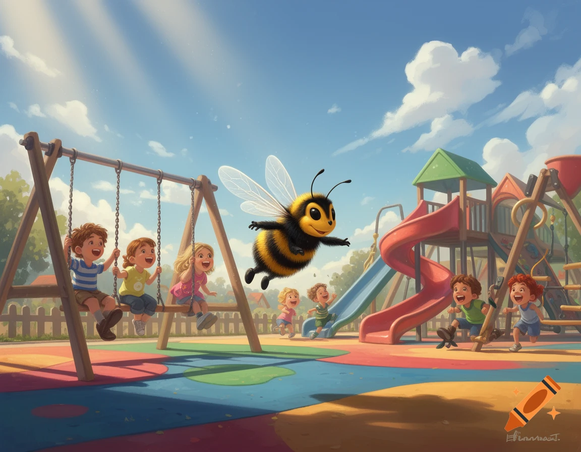 Cartoon illustration of happy children playing on a colorful playground with a large flying bumblebee.