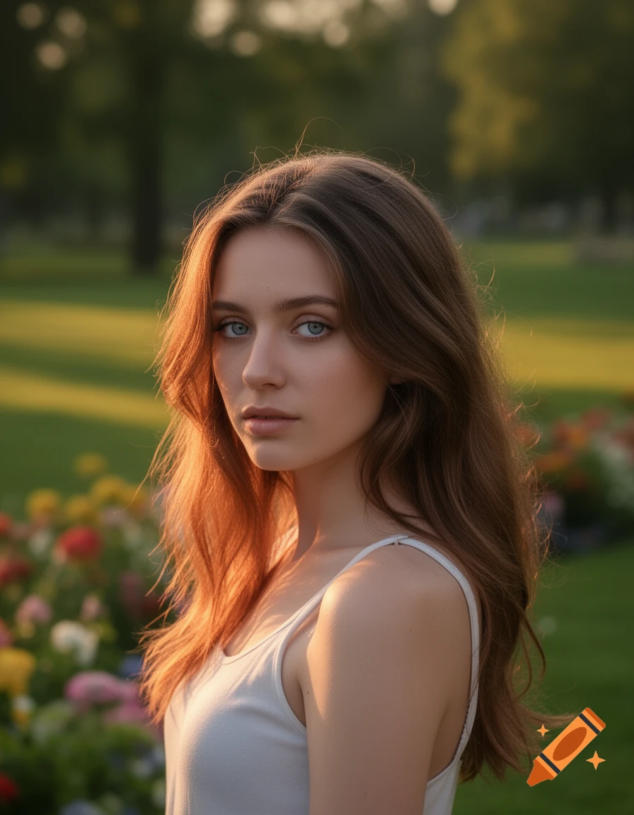 Young woman with brown hair and blue-gray eyes in a white tank top, looking forward in a sunlit park with blurred flowers.