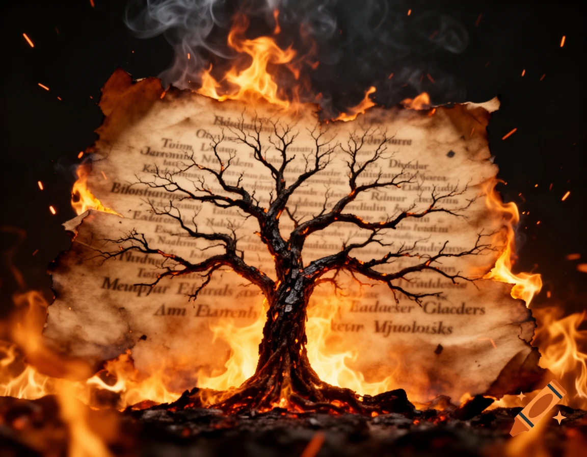 A silhouette of a gnarled, leafless tree stands on a burning piece of antique parchment, engulfed in bright orange flames and smoke.