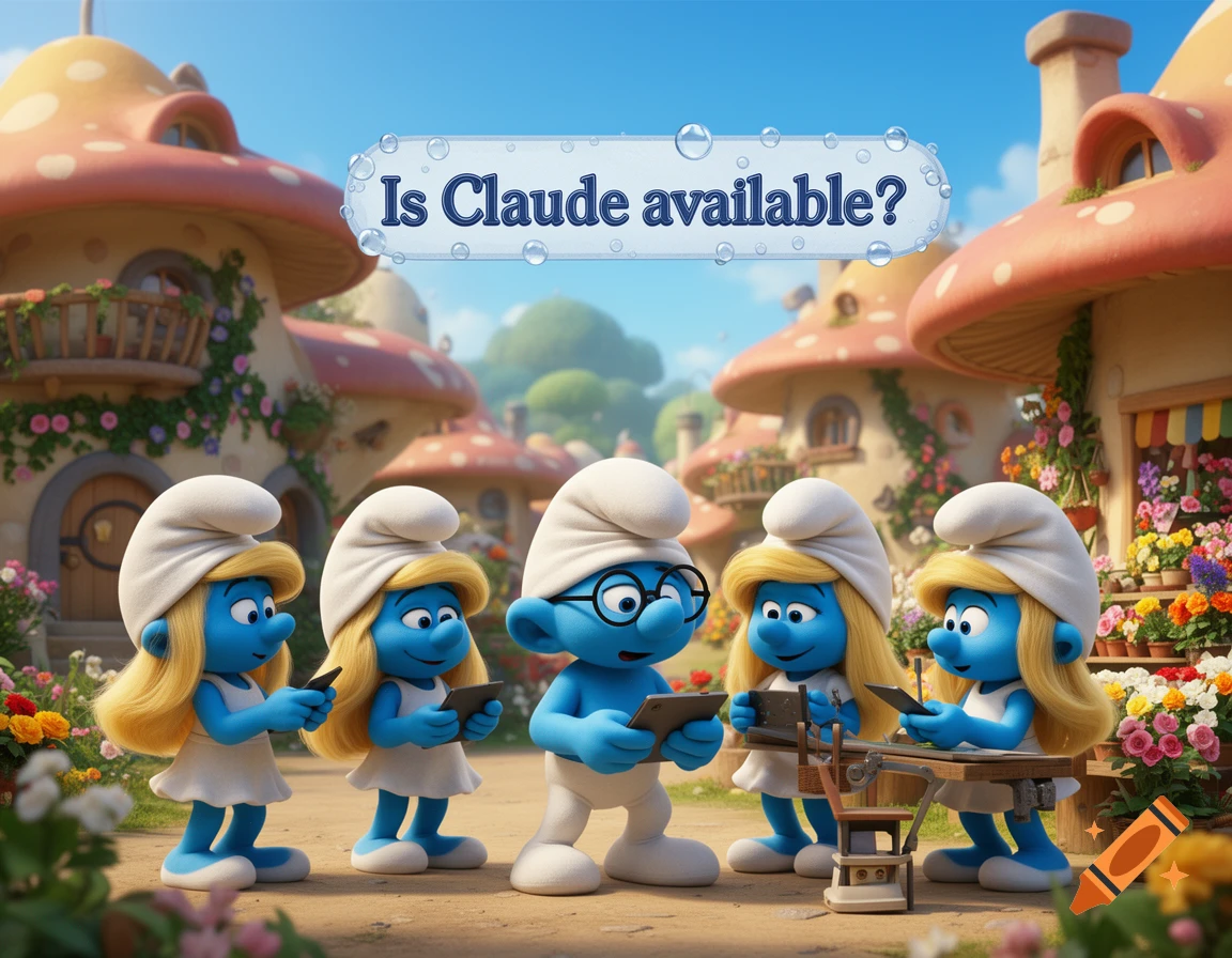 Five Smurfs (one male, four female) in a colorful mushroom village look at devices, with a speech bubble asking 'Is Claude available?'
