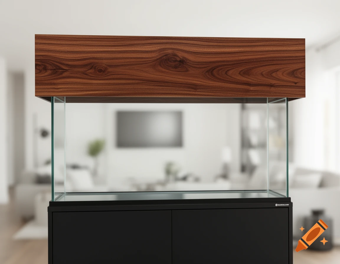 A rectangular glass aquarium with a dark wood canopy sits on a matte black Marineland cabinet stand in a blurred living room setting.