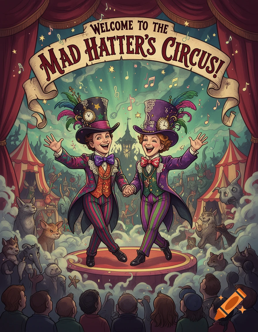 A colorful poster for 'Welcome to the Mad Hatter's Circus!' shows two smiling characters in elaborate Mad Hatter costumes on stage.