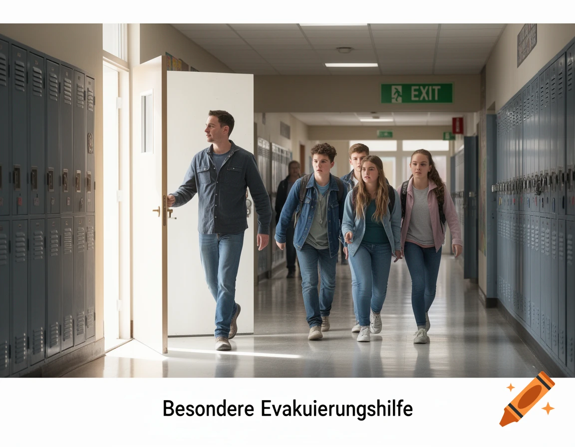 A photorealistic scene of an adult man and students walking purposefully down a school hallway towards a green exit sign.
