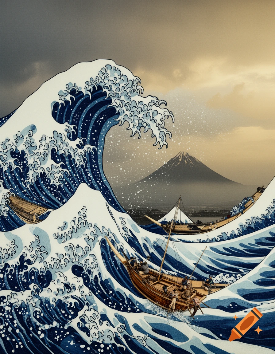 Stylized depiction of a massive ocean wave cresting over small boats, with Mount Fuji in the background under a cloudy sky.