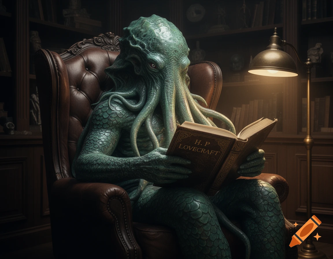 A photorealistic green, scaly Cthulhu with tentacles sits in a brown leather armchair, reading an H.P. Lovecraft book in a dimly lit library.