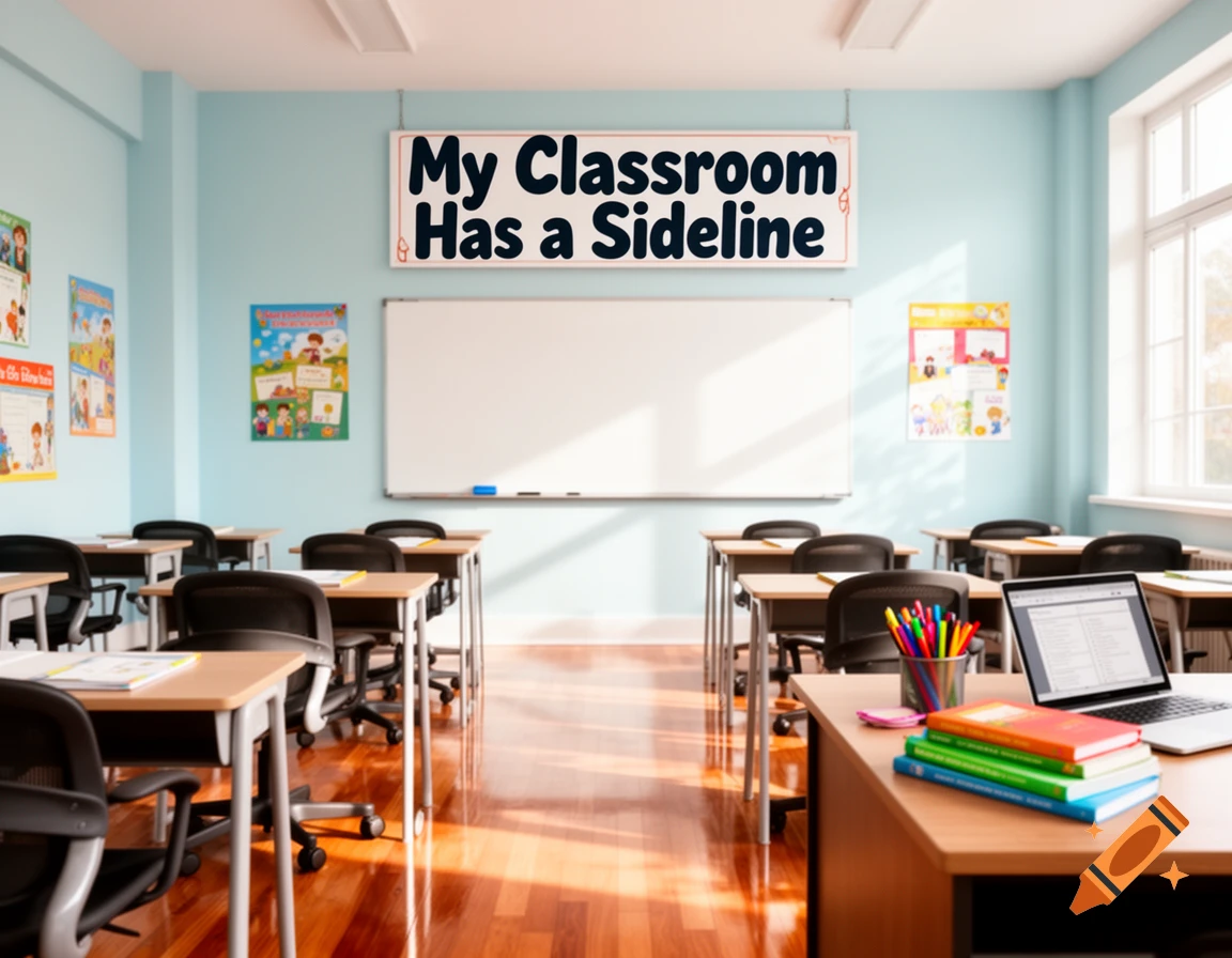 A bright, photorealistic classroom with desks, chairs, a whiteboard, and a banner that reads 'My Classroom Has a Sideline'.