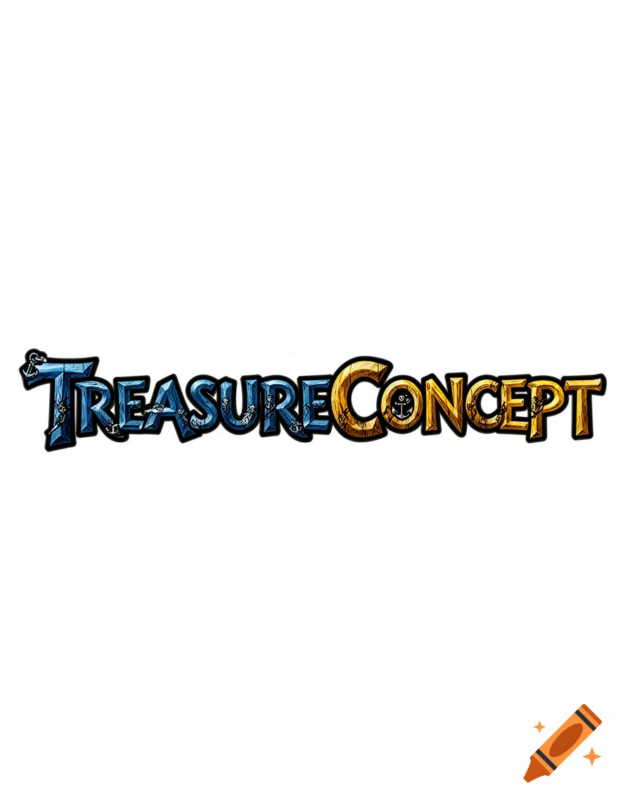 Stylized text 'TREASURECONCEPT' in a pirate-themed gem font with anchors and blue and gold colors.