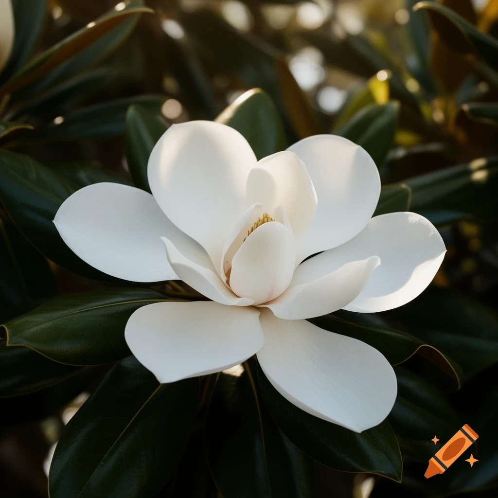 A close-up photograph of a white magnolia flower with prominent petals and green leaves in soft focus.
