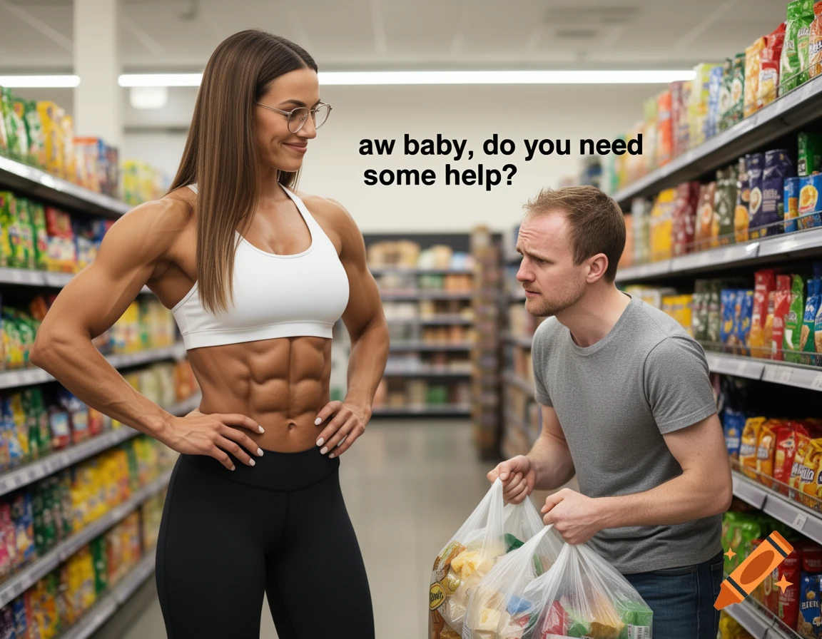 A very muscular woman in a sports bra smiles at a man struggling with grocery bags in a supermarket, asking for a help.