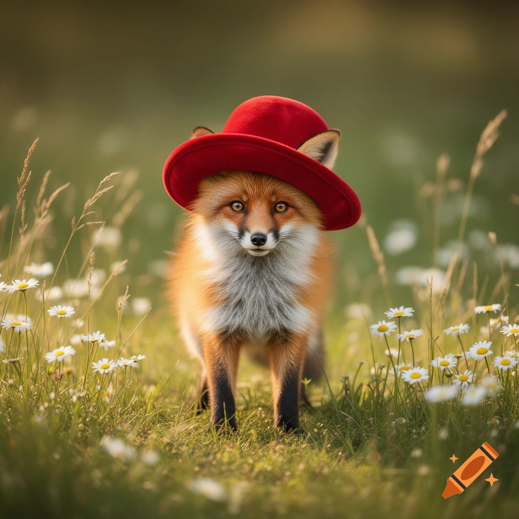 A cute fox with a red hat stands in a grassy field filled with white daisies, looking directly at the viewer.