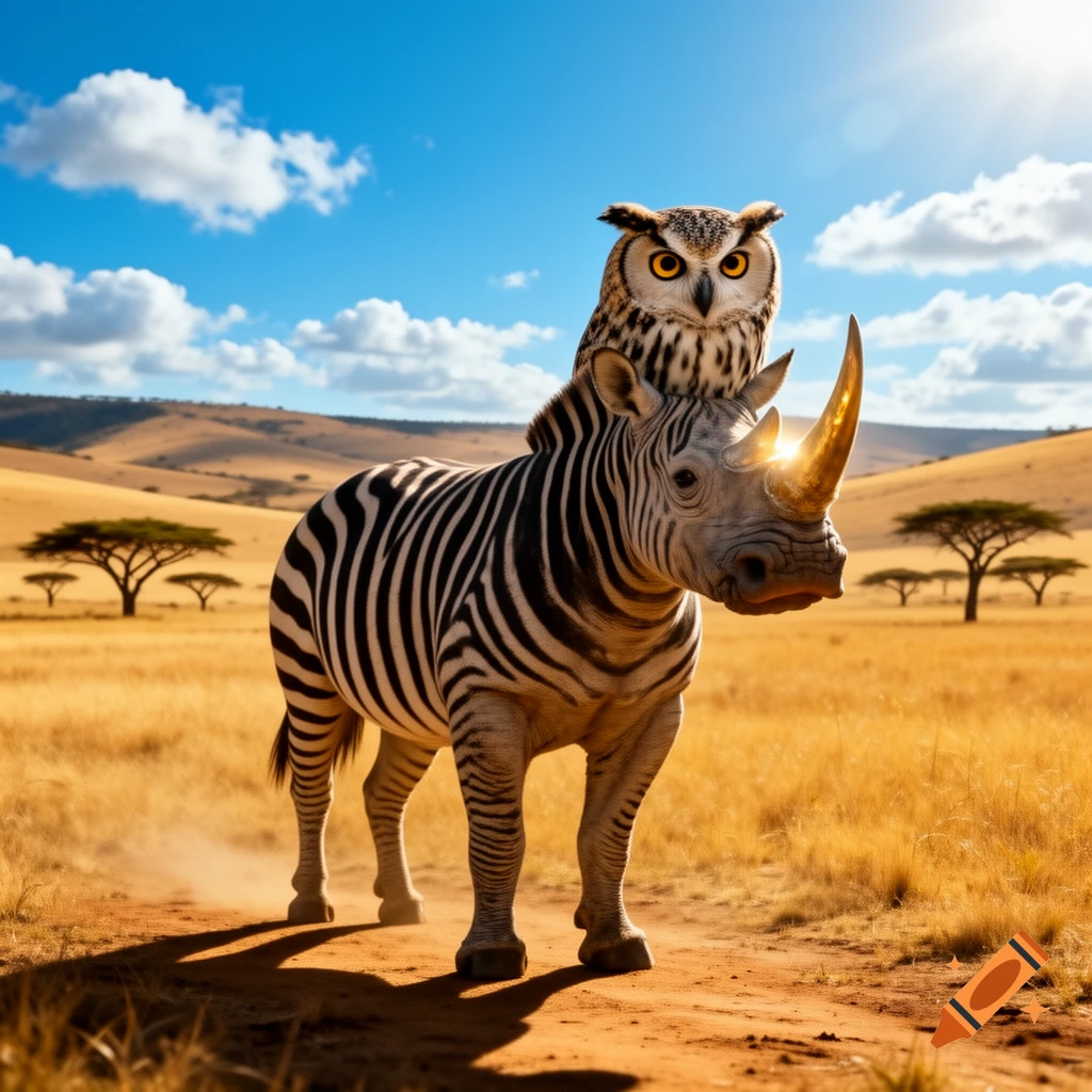A photorealistic image of a creature with a zebra body and rhino head, topped with an owl, standing in a sunny savanna.