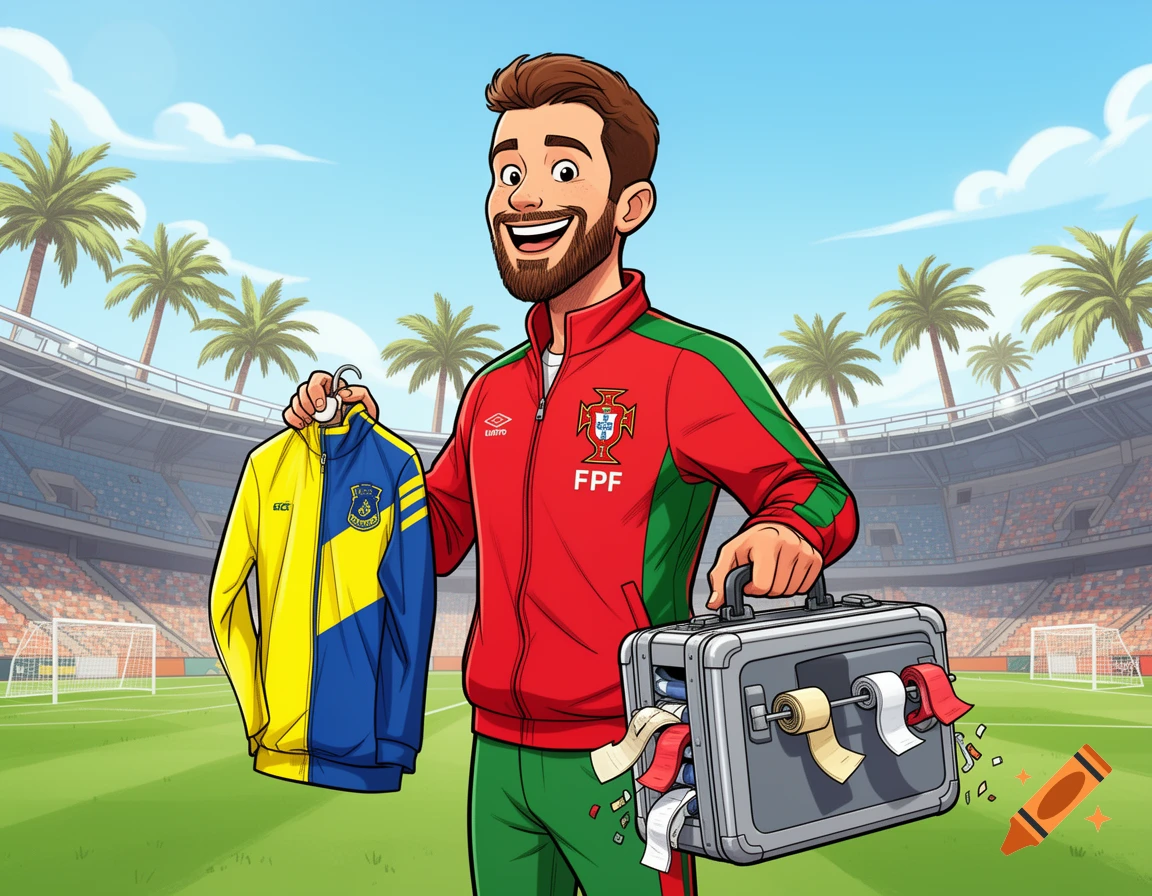 A smiling cartoon man in a soccer stadium, wearing a red and green FPF track jacket, holding a yellow and blue jacket and a medic briefcase.