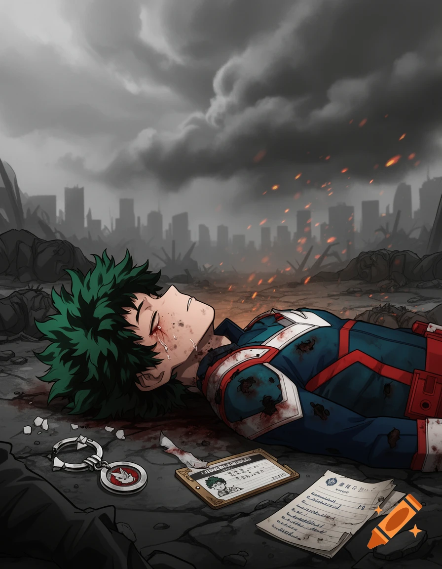 Anime character Deku lies injured amidst a ruined city, tears in his eyes, with papers and a keychain nearby.