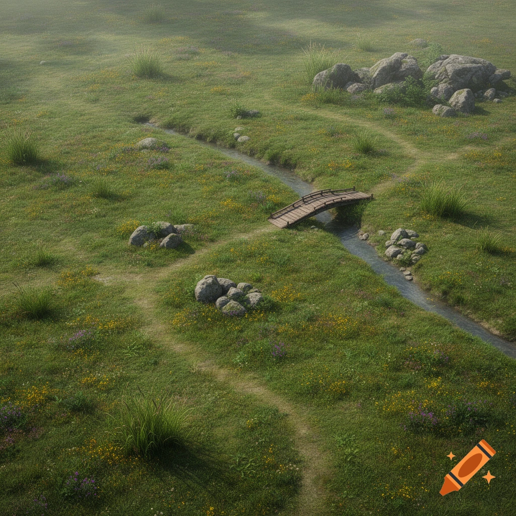An aerial view of a vibrant green grassy plain with scattered rocks, a winding stream, and a small wooden bridge. Dirt paths cross the landscape.