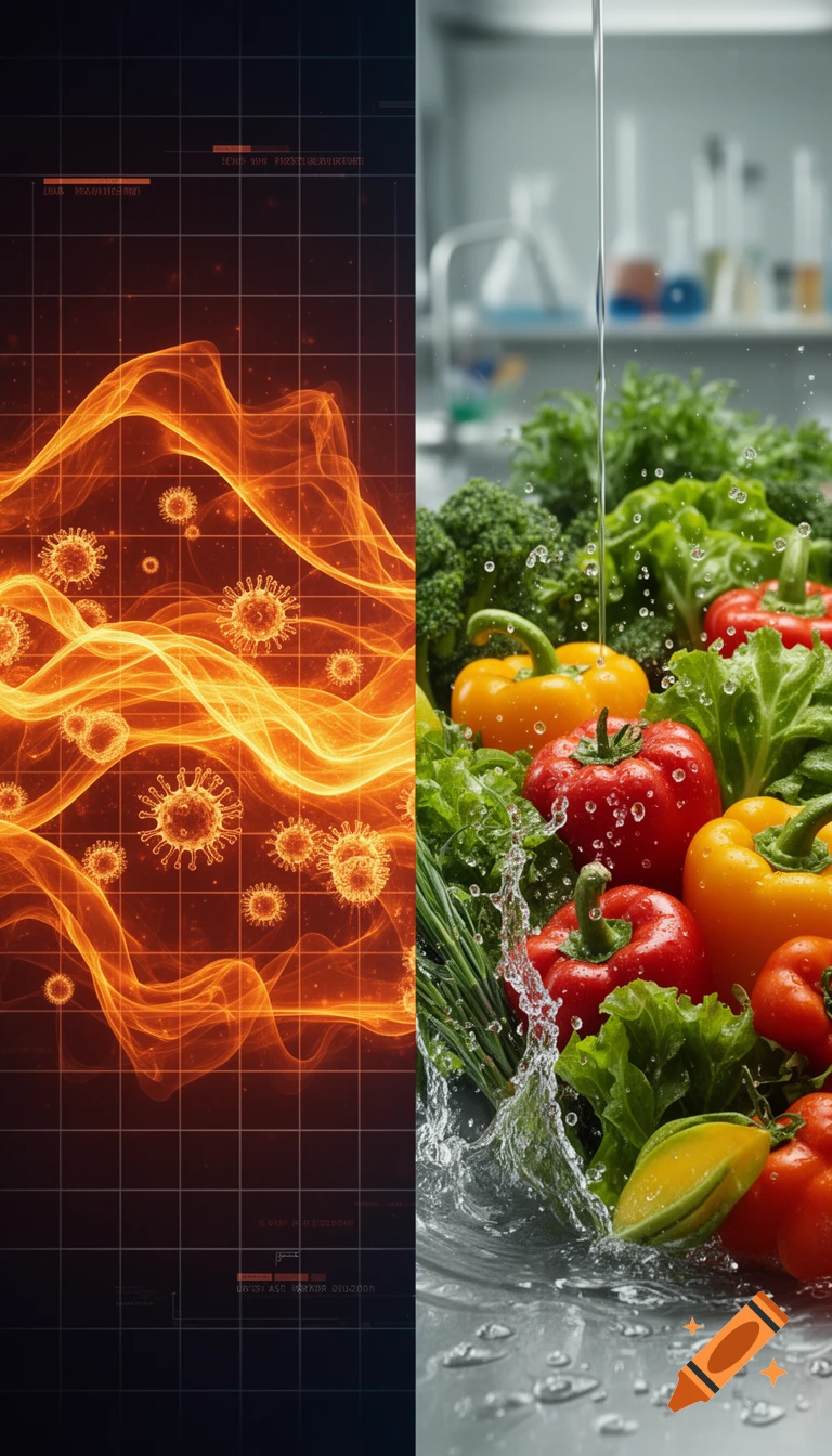 Split image: Glowing orange heat waves with bacteria on a digital grid on the left, fresh vegetables being washed in a laboratory setting on the right.