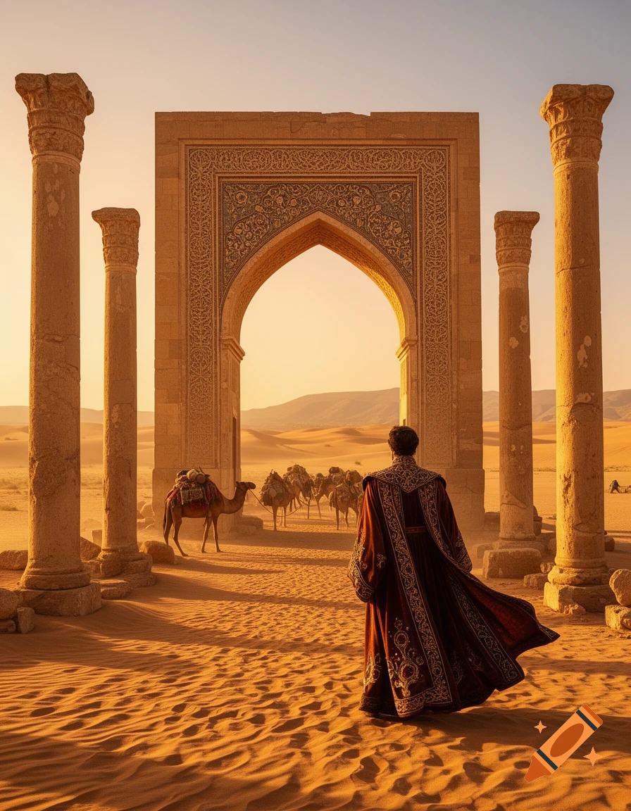 A person in traditional Persian attire stands before an ornate archway in a desert, with a camel caravan in the distance.