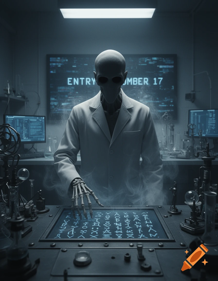 A gaunt figure in a lab coat with a skeletal hand touches a glowing panel of symbols in a dark, smoky sci-fi lab.