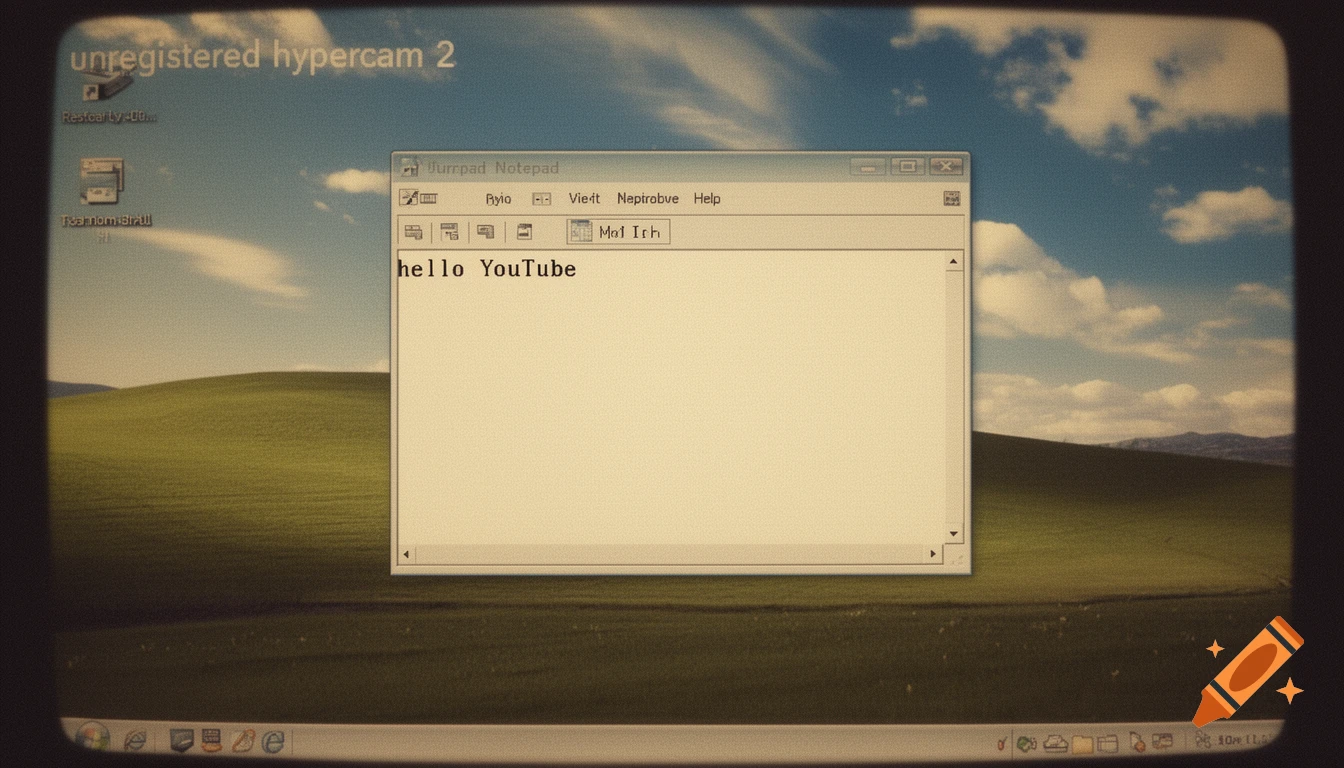 A vintage computer monitor displaying a Windows XP desktop with the classic green hills wallpaper, showing a Notepad window open with "hello YouTube" typed inside, and "unregistered hypercam 2" text at the top left.