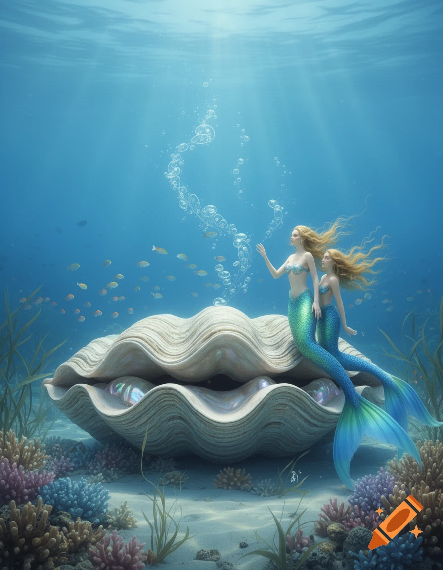 Two mermaids with long blonde hair sit on a giant clam shell on the ocean floor, surrounded by colorful coral in a bright underwater scene.