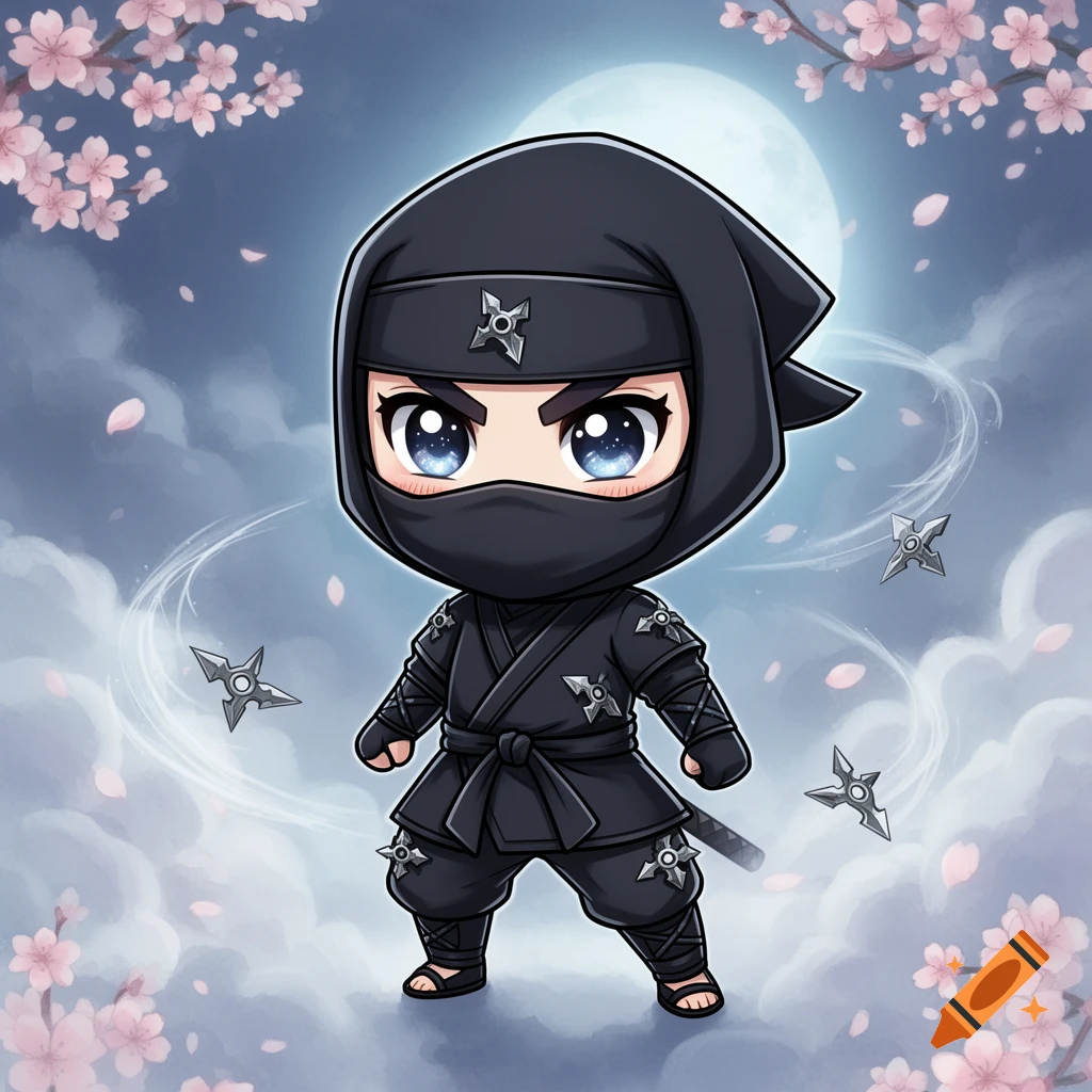 A cute chibi-style cartoon ninja with large blue eyes stands under cherry blossoms and a full moon, with shurikens flying around.