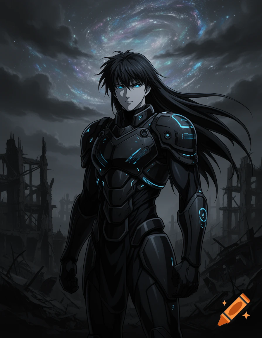 Anime man in black futuristic armor with glowing blue accents stands in a destroyed city under a starry, cloudy sky.