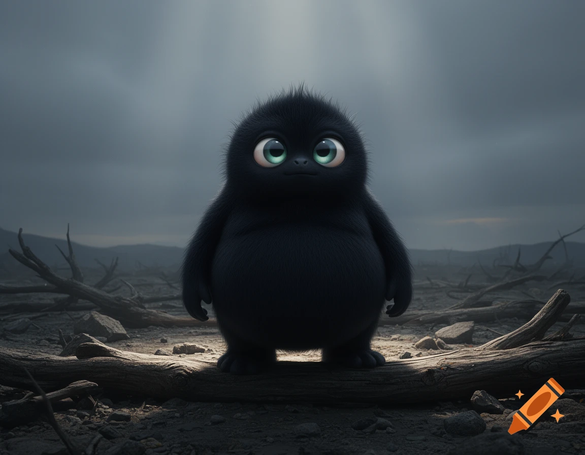 A fluffy, round black monster with big green eyes sits on a log in a desolate, gloomy landscape.