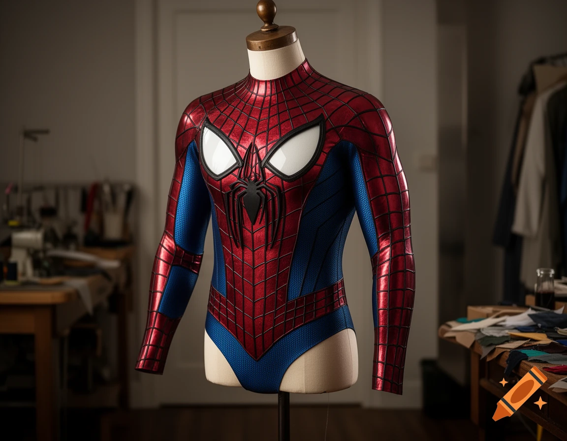 A photorealistic Spider-Man suit with web patterns and a spider emblem displayed on a mannequin in a workshop.