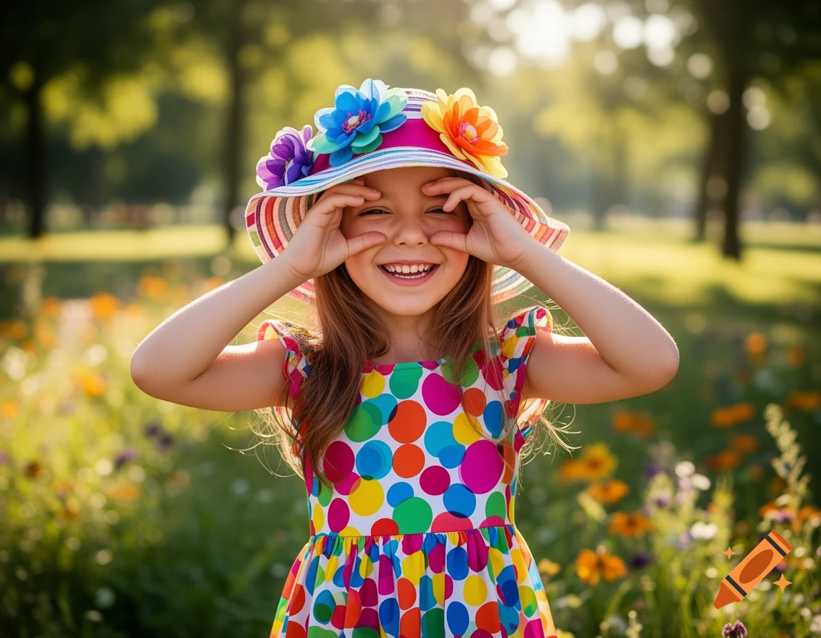 A smiling girl in a colorful polka dot dress and a flowered hat makes binocular hands in a sunny park.