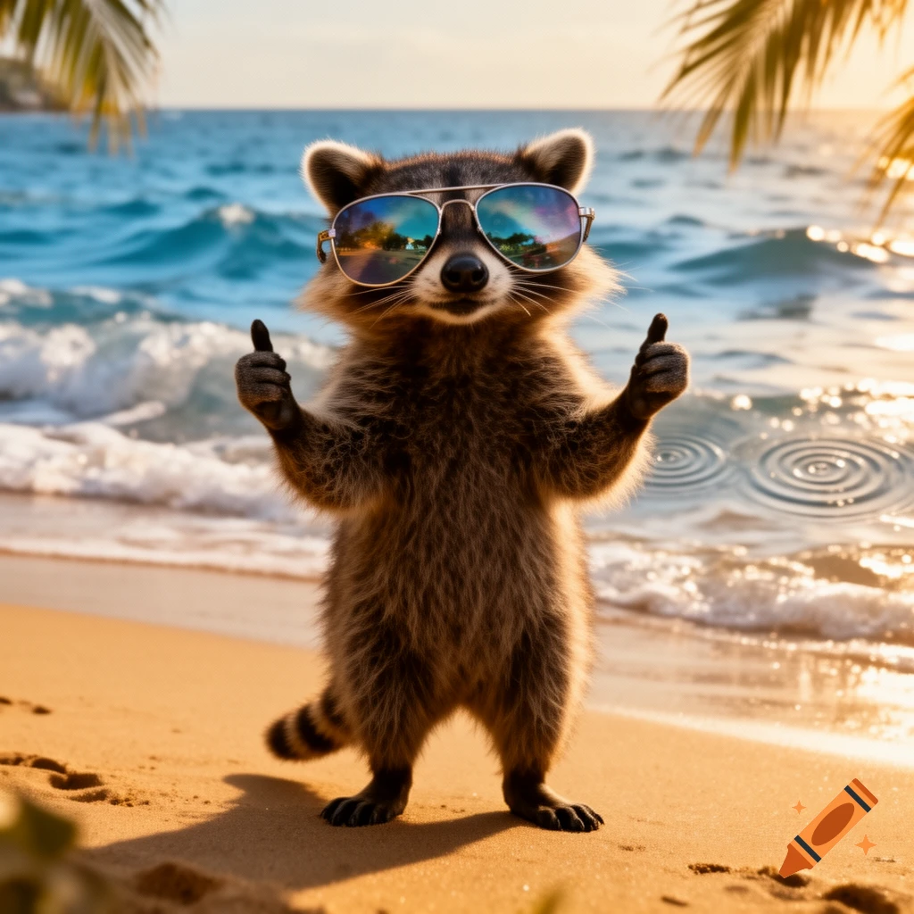 A cute raccoon wearing aviator sunglasses gives two thumbs up while standing on a sandy beach with ocean waves and palm trees at sunset.