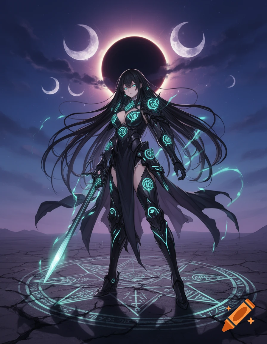Anime warrior in glowing black armor stands on a magic circle under an eclipse sky with multiple moons, holding a glowing sword.