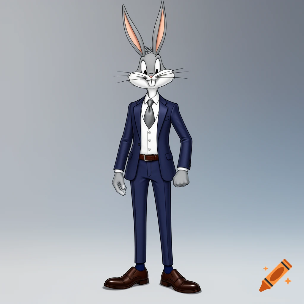 Bugs Bunny in a navy blue suit, white shirt, grey tie, and brown shoes, standing against a grey background.