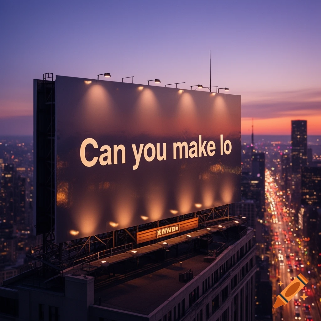 A large billboard on a skyscraper overlooking a city at dusk, displaying the text 'Can you make lo'.