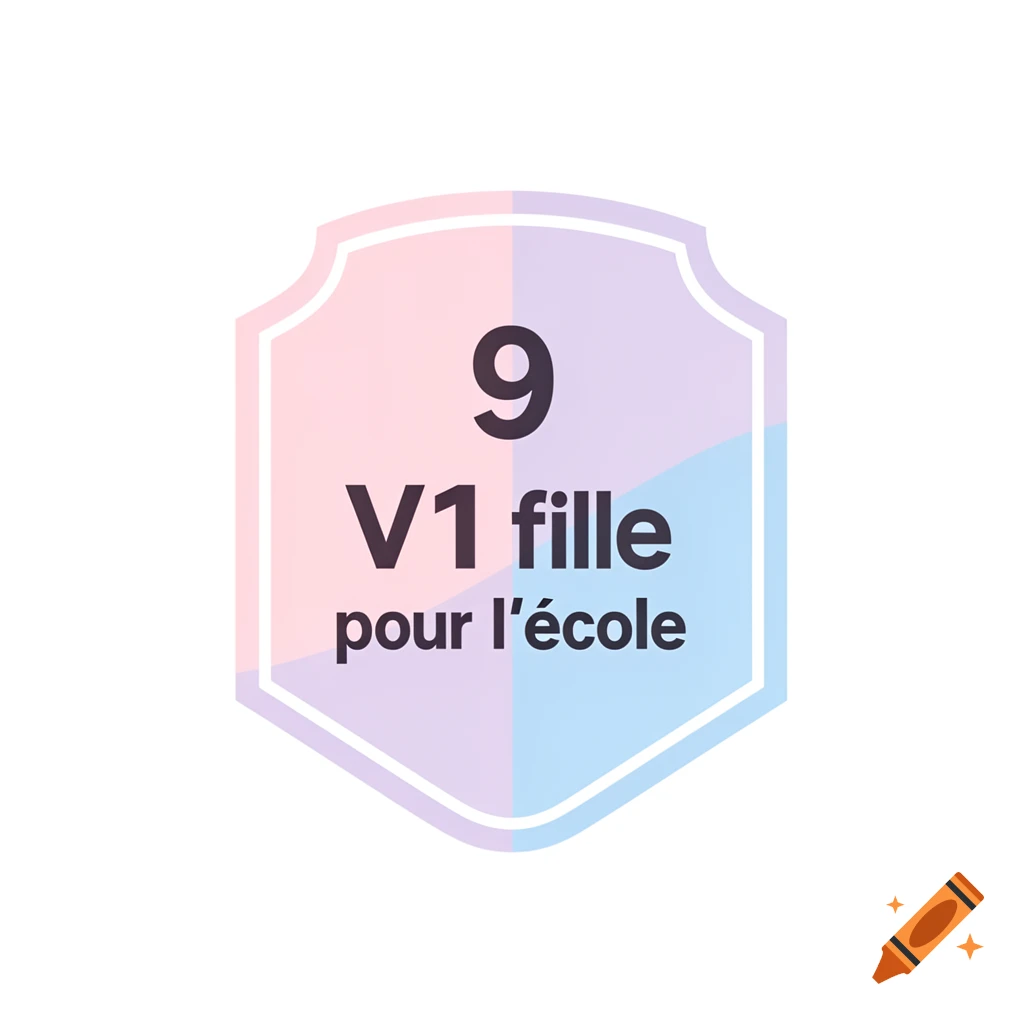 A pastel-colored shield icon with the text '9 V1 fille pour l'école' in dark purple.