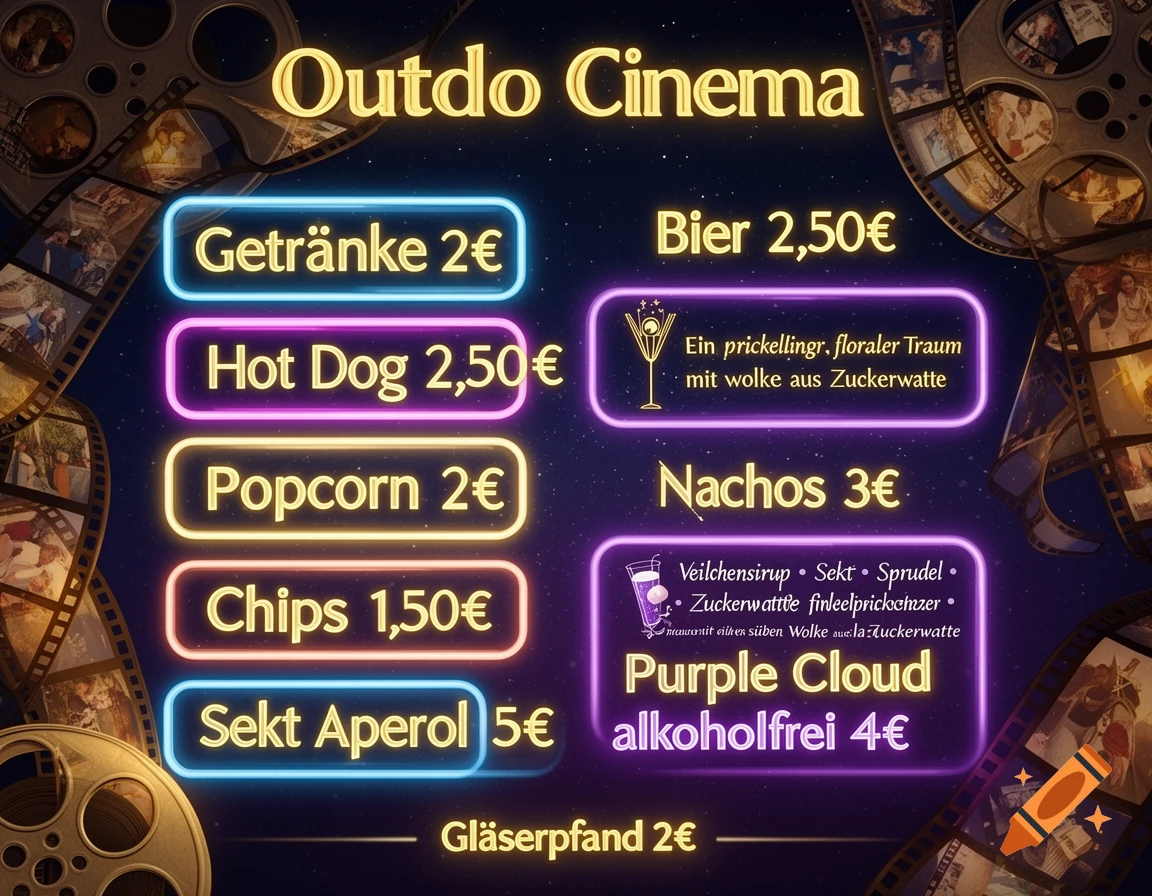 An outdoor cinema price list with neon-style text on a dark, star-filled background, framed by film strips. Items include drinks, hot dogs, popcorn, and nachos, each with a price.