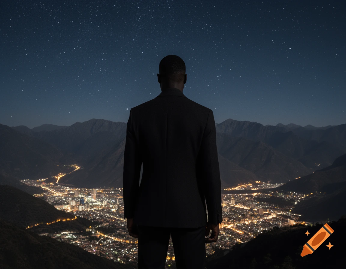 A man in a suit from behind overlooks a brightly lit city nestled between mountains under a starry night sky.