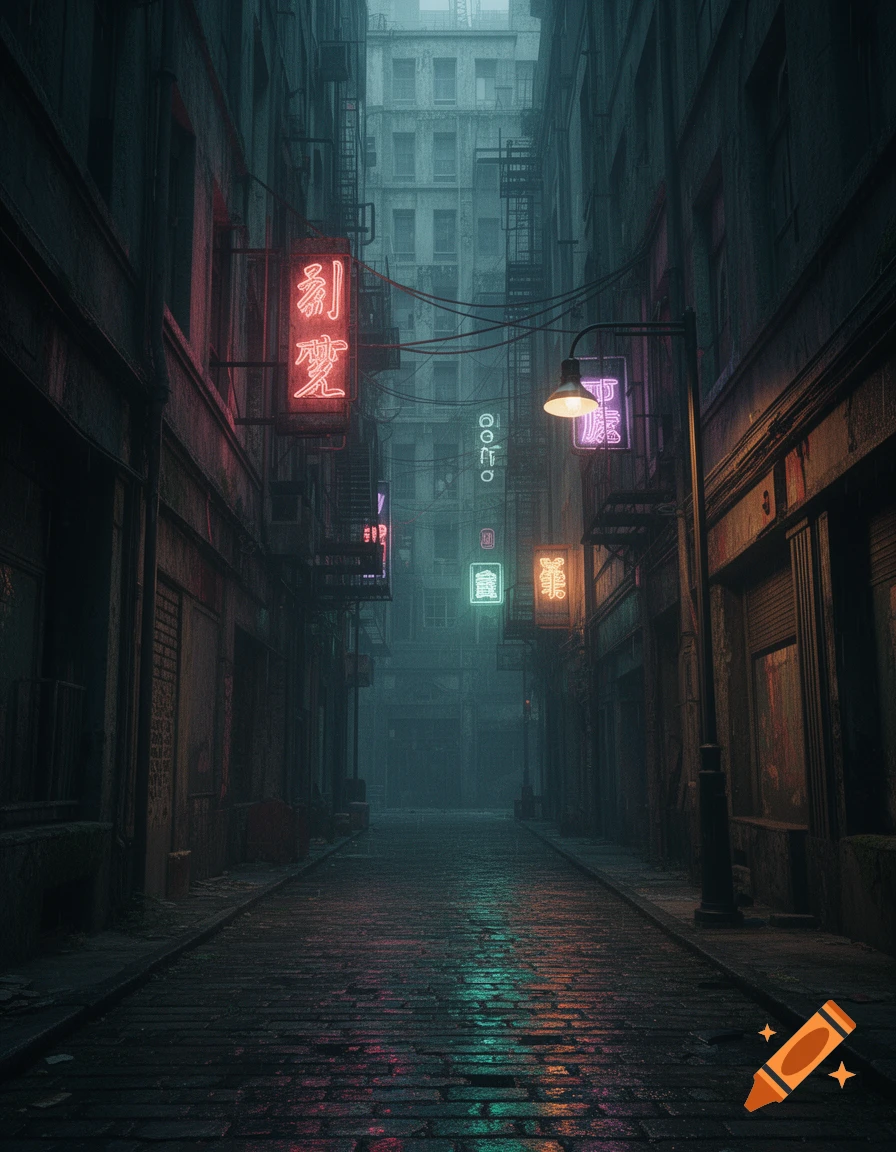 Dark, rainy city alley with glowing neon signs and their reflections on wet cobblestones, creating a cyberpunk atmosphere.
