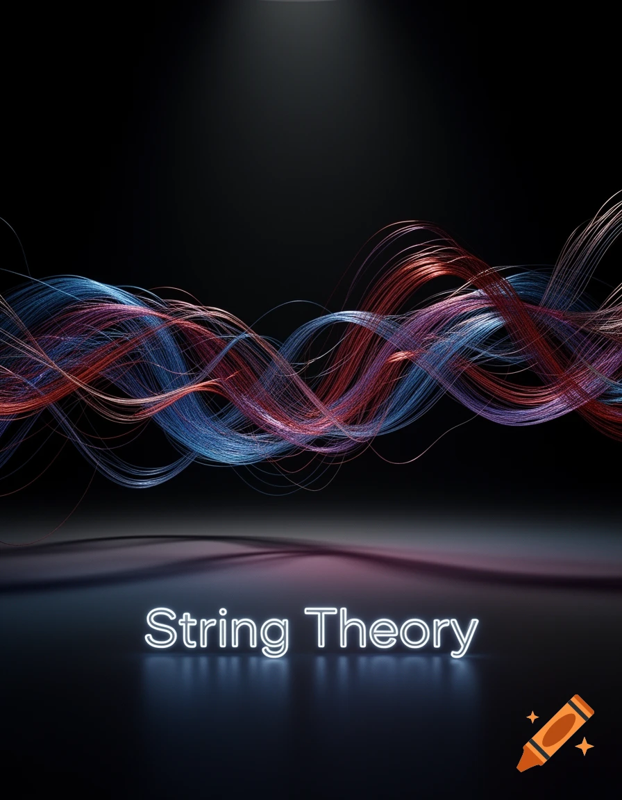 Abstract waves of blue and red glowing lines on a dark background with neon "String Theory" text.