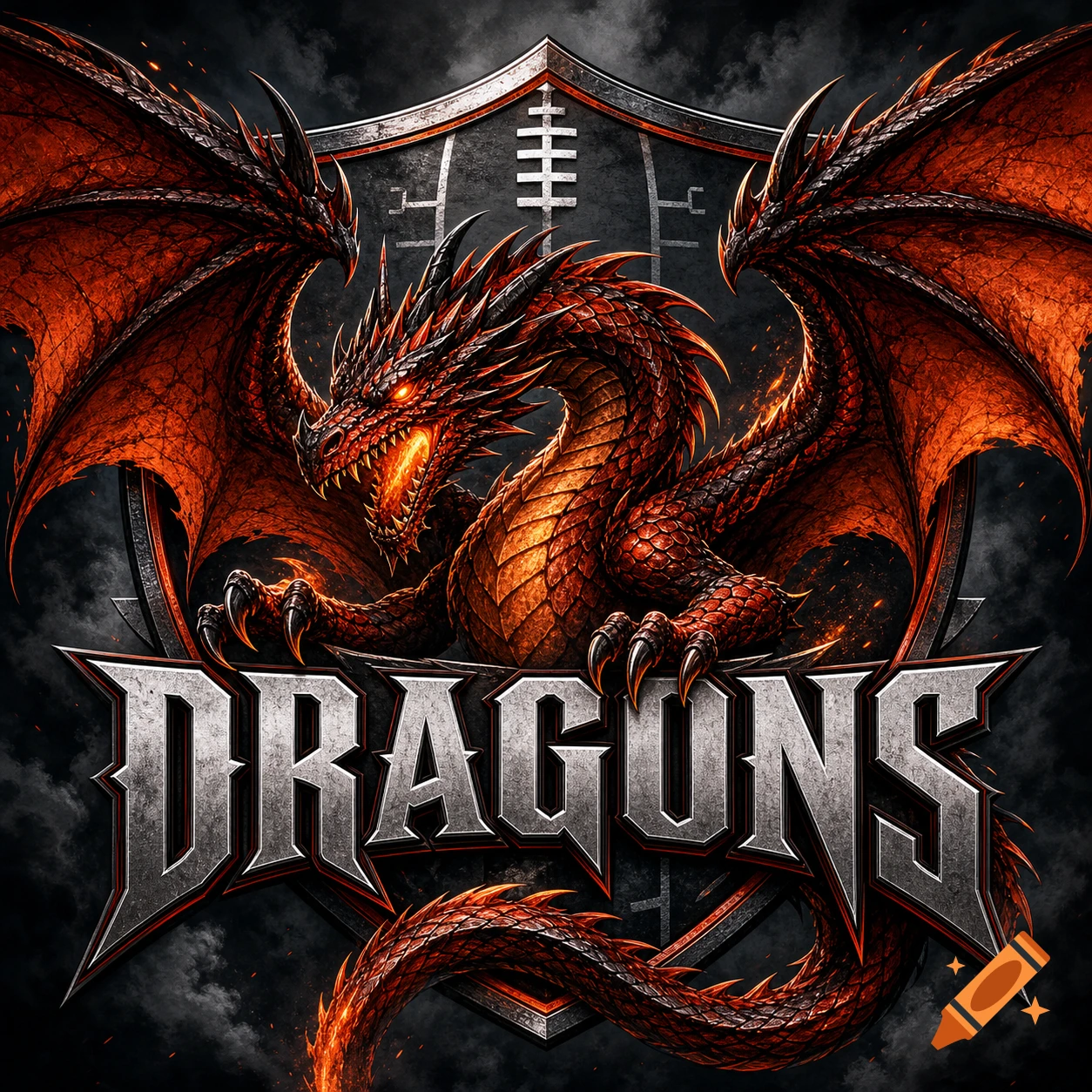 A fiery red and orange dragon with glowing eyes, roaring on a dark shield-shaped logo above the word 'DRAGONS'.