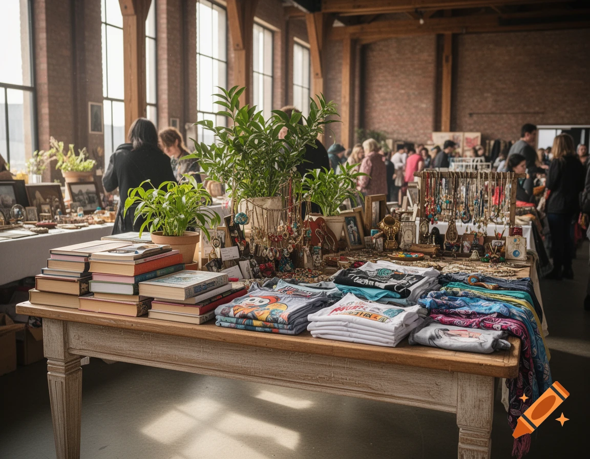 An indoor flea market stall with a wooden table displaying stacks of books, potted plants, hanging jewelry, and folded t-shirts. People browse in the background.