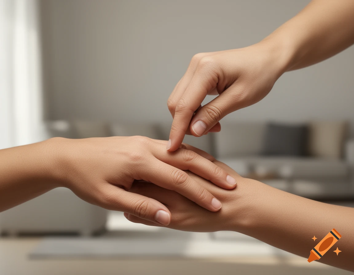 Close-up of one person's finger gently touching the back of another person's hand in a soft-focus indoor setting, photorealistic.