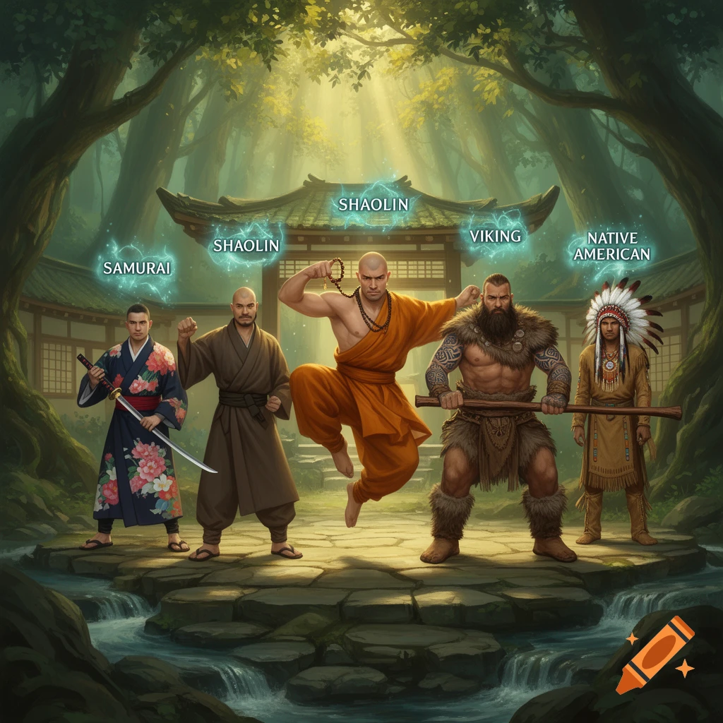 Five men dressed as a Samurai, two Shaolin monks, a Viking, and a Native American stand in a mystical forest with a temple.
