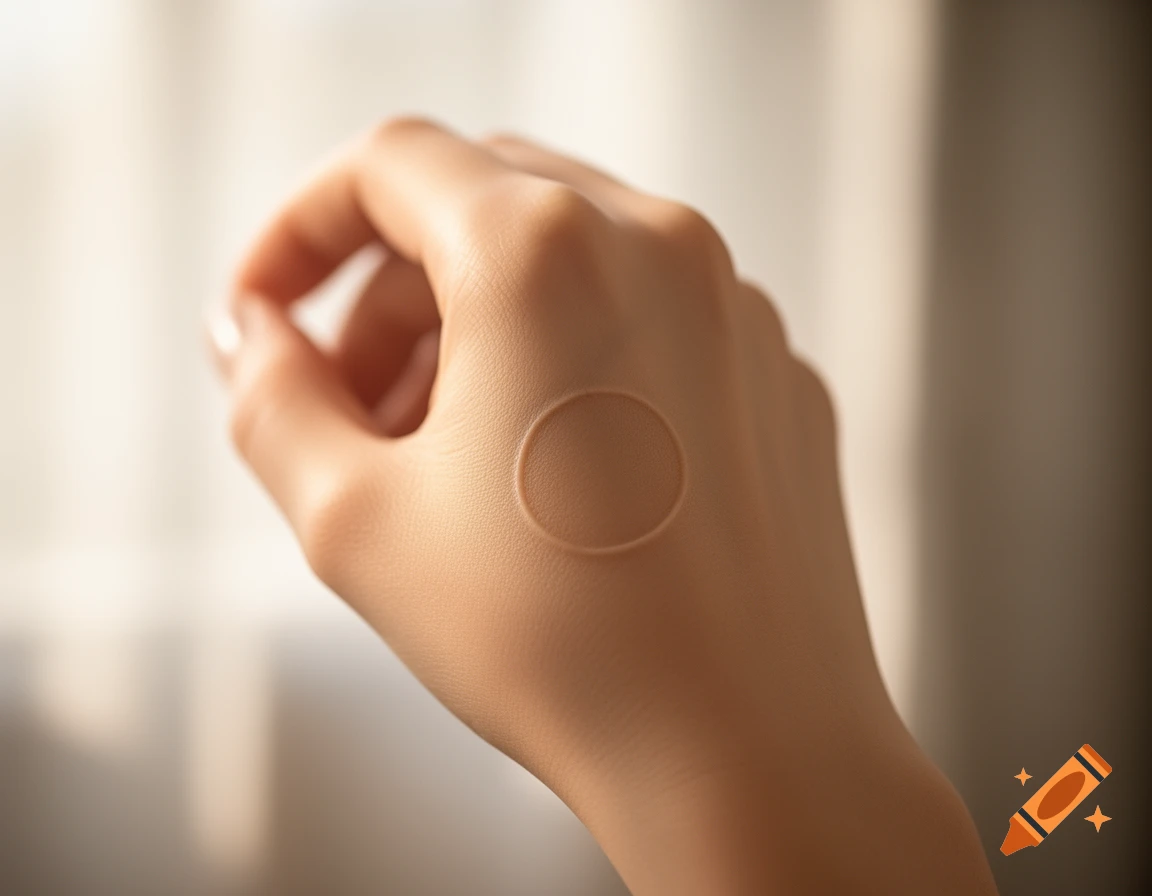 Close-up of a fair-skinned hand with a circular, skin-toned patch on the back, photorealistic.