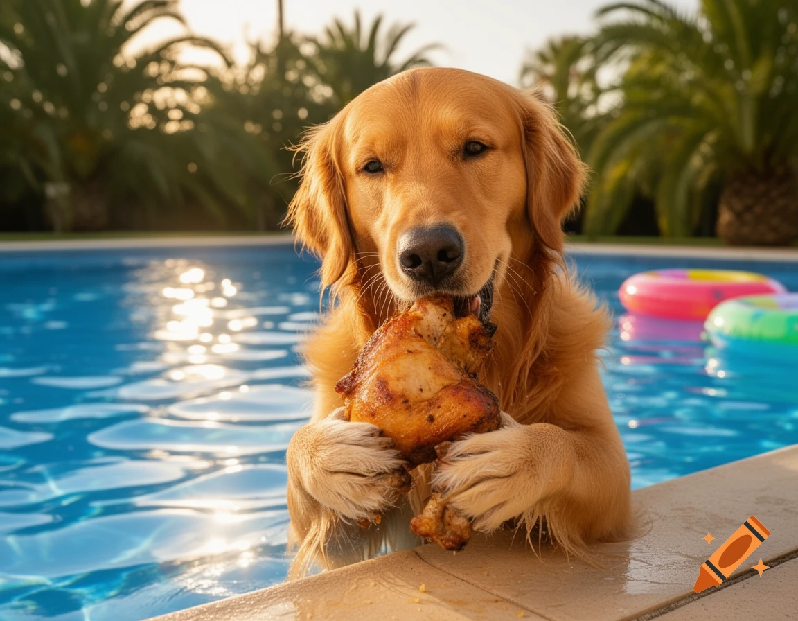 A photorealistic golden retriever dog sits in a swimming pool, holding a cooked chicken leg in its paws and mouth at sunset.