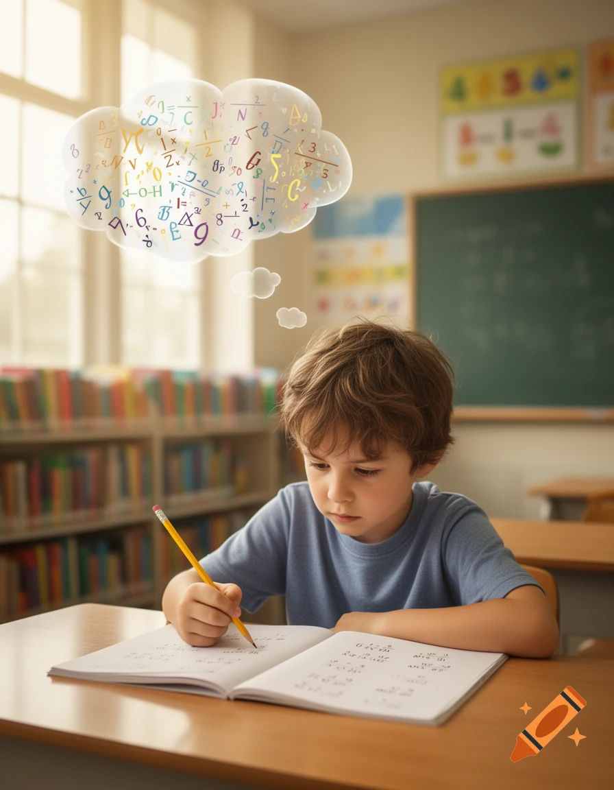 A young boy with brown hair sits at a wooden desk in a sunny classroom, looking intently at an open textbook. He holds a yellow pencil in his right hand. Above his head, a thought bubble contains a jumble of colorful, illegible mathematical symbols and numbers.