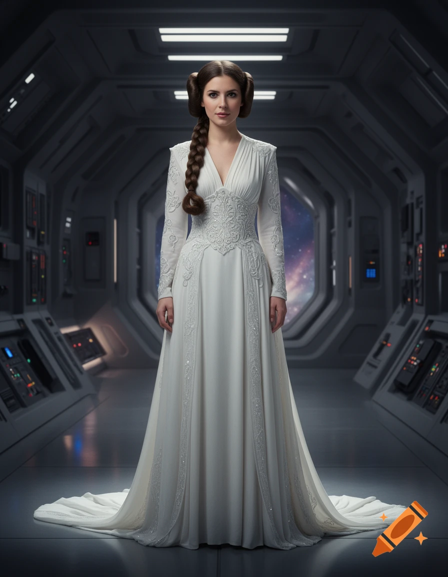 A woman resembling Princess Leia in an ornate white dress stands in a futuristic spaceship corridor with a view of space.